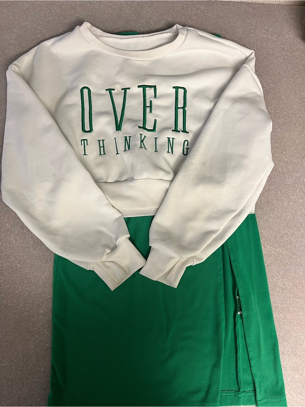White & Green Cropped Sweatshirt - "Overthinking"